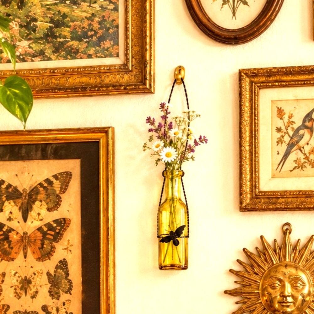 Yellow Glass Bottle Wall garden Hanging Vase decor metal wire insect accent